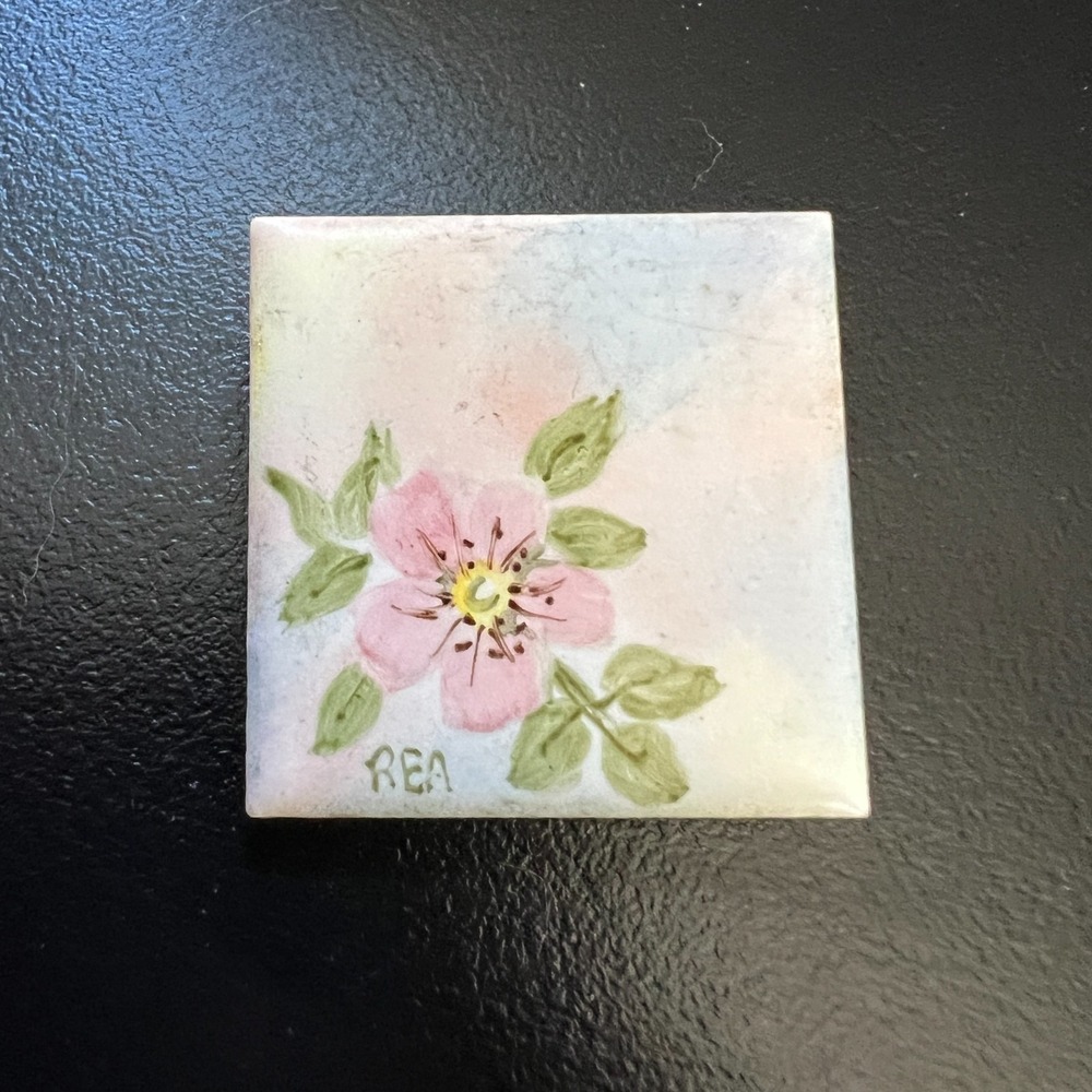 Hand Painted Tile Brooch Square Floral 1.25 Inch Multicolor Artisan Pin